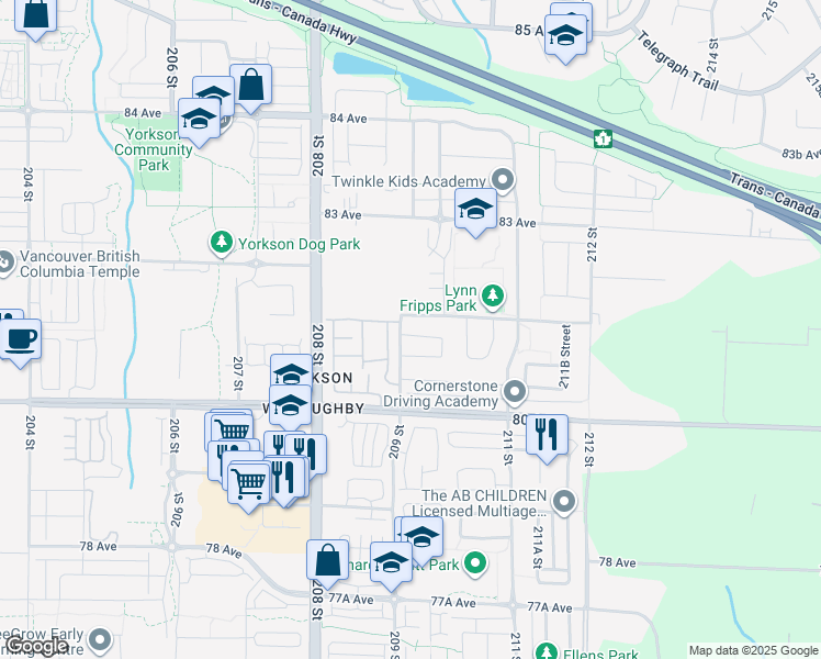 map of restaurants, bars, coffee shops, grocery stores, and more near in Langley Township