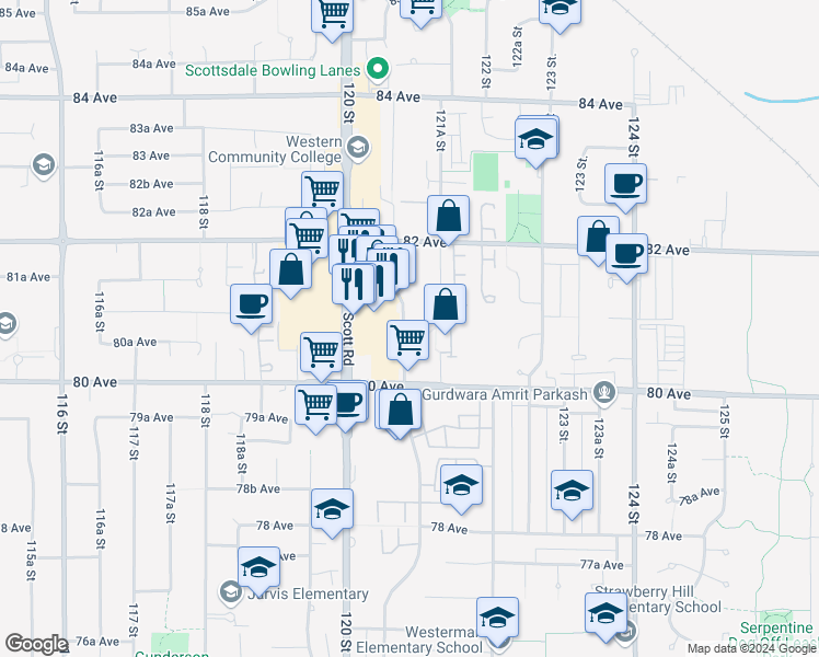 map of restaurants, bars, coffee shops, grocery stores, and more near in Surrey