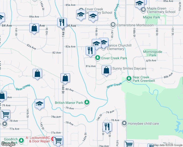 map of restaurants, bars, coffee shops, grocery stores, and more near 14516 81 Avenue in Surrey