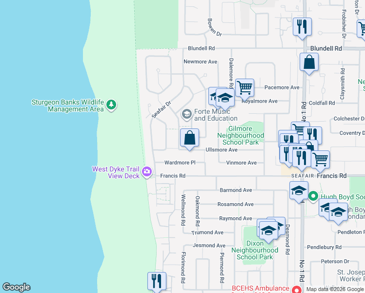 map of restaurants, bars, coffee shops, grocery stores, and more near 3291 Ullsmore Avenue in Richmond