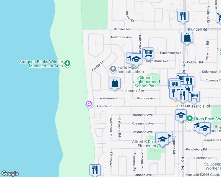 map of restaurants, bars, coffee shops, grocery stores, and more near 3291 Ullsmore Avenue in Richmond