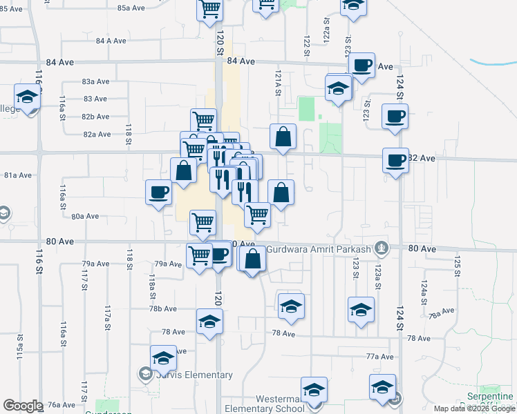 map of restaurants, bars, coffee shops, grocery stores, and more near in Surrey
