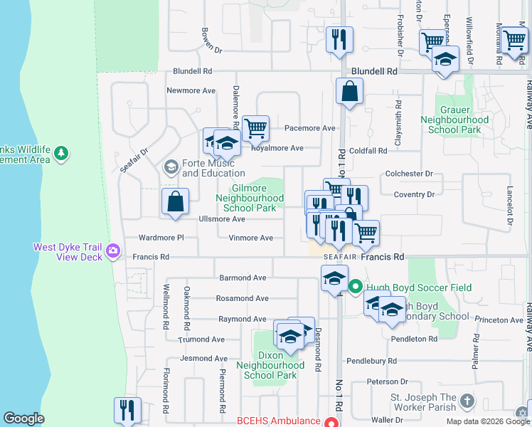 map of restaurants, bars, coffee shops, grocery stores, and more near 3711 Ullsmore Avenue in Richmond