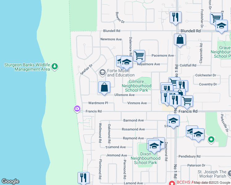 map of restaurants, bars, coffee shops, grocery stores, and more near 3451 Ullsmore Avenue in Richmond
