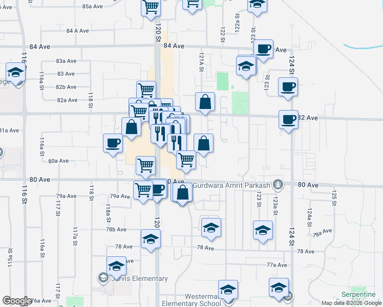 map of restaurants, bars, coffee shops, grocery stores, and more near 8084 120A Street in Surrey