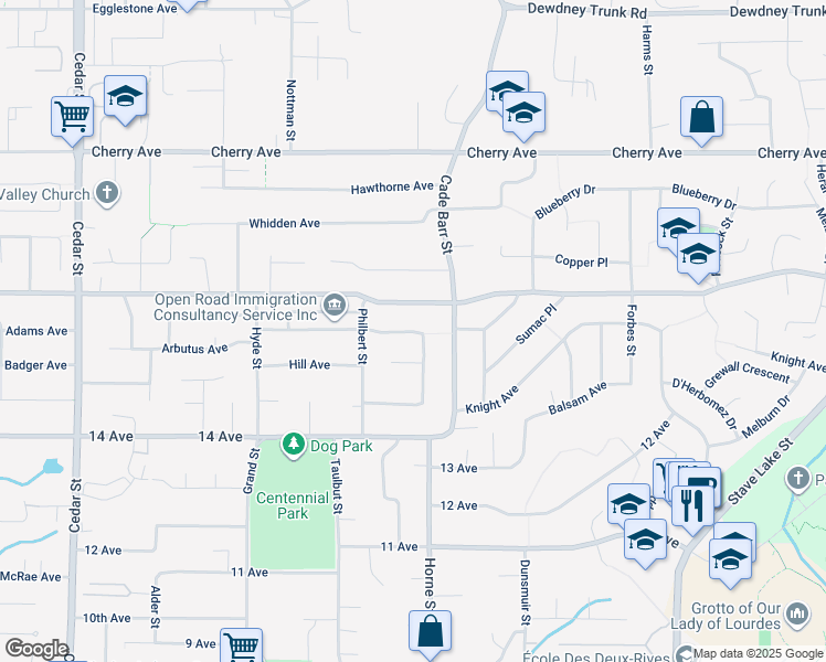 map of restaurants, bars, coffee shops, grocery stores, and more near 33281 Myrtle Avenue in Mission