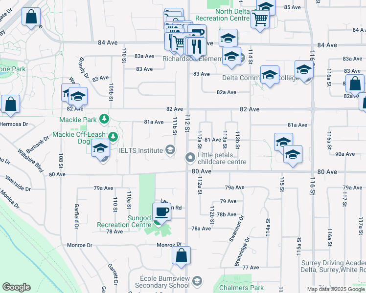 map of restaurants, bars, coffee shops, grocery stores, and more near 8081 112 Street in Delta