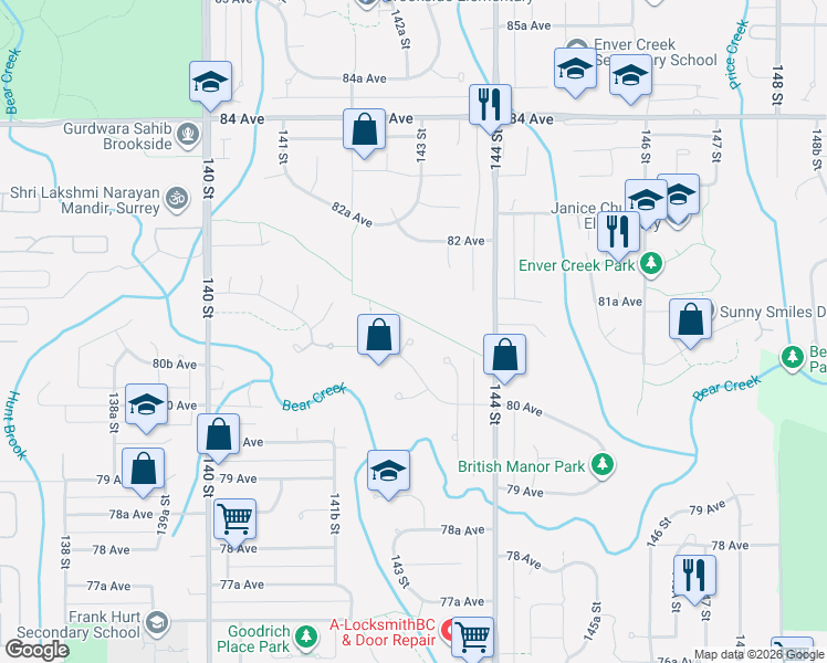 map of restaurants, bars, coffee shops, grocery stores, and more near 8044 Kestrel Court in Surrey