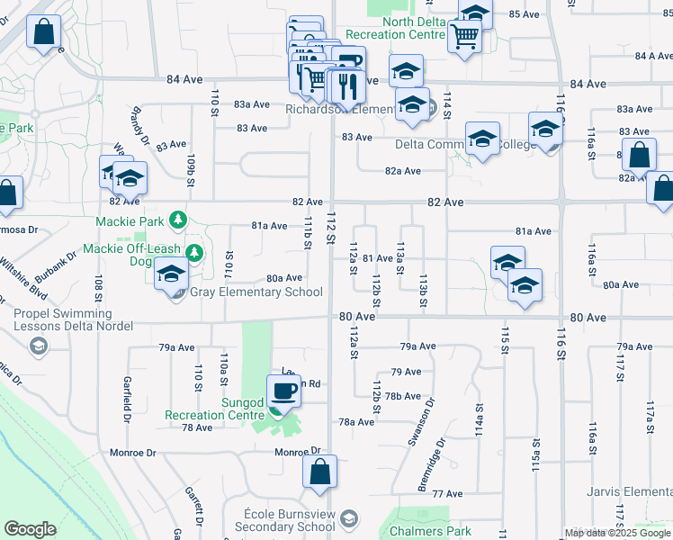 map of restaurants, bars, coffee shops, grocery stores, and more near 8082 112 Street in Delta