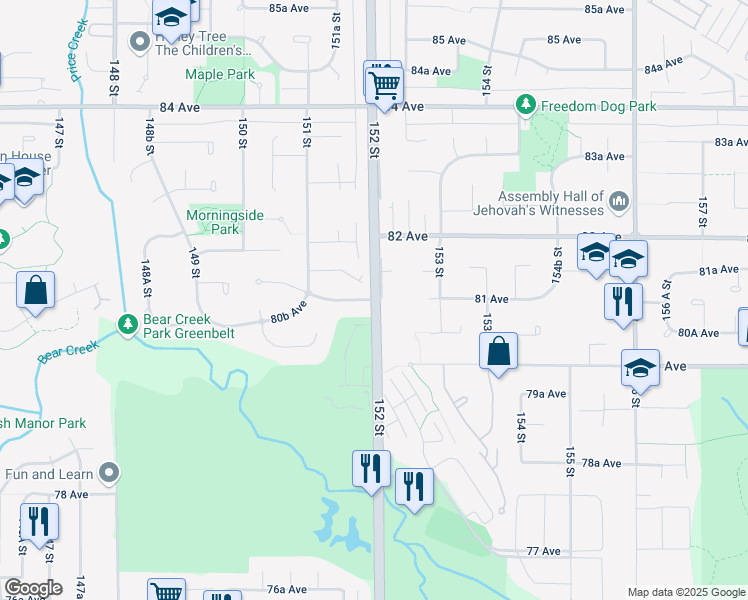 map of restaurants, bars, coffee shops, grocery stores, and more near 152 Street & 81 Avenue in Surrey