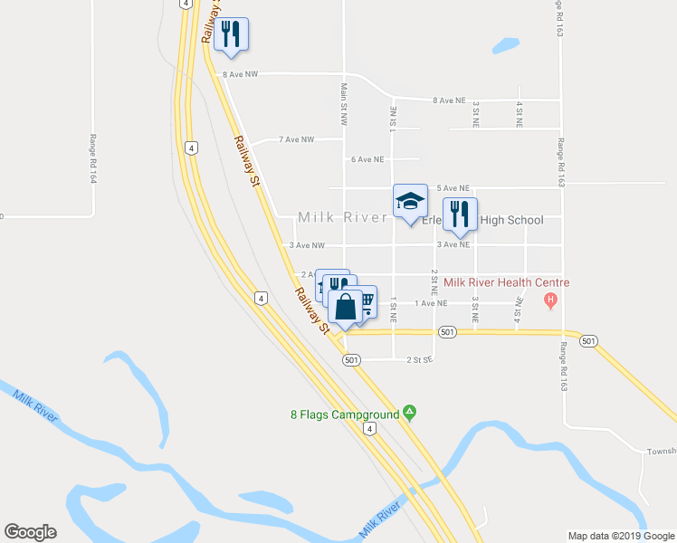map of restaurants, bars, coffee shops, grocery stores, and more near in Milk River