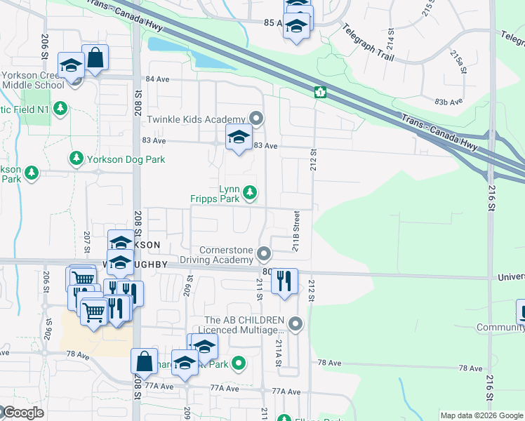 map of restaurants, bars, coffee shops, grocery stores, and more near 20164 81A Avenue in Langley Township