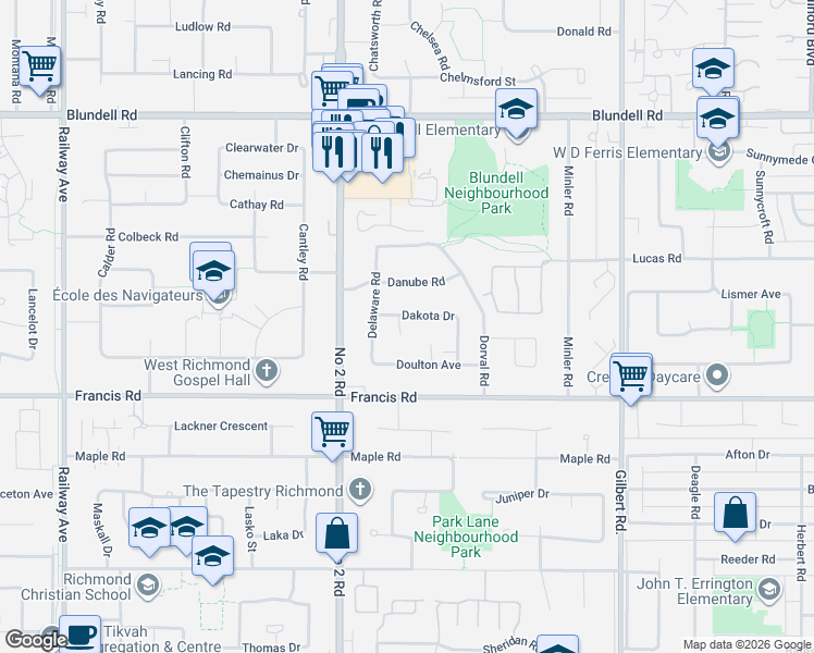 map of restaurants, bars, coffee shops, grocery stores, and more near 8580 Dakota Place in Richmond