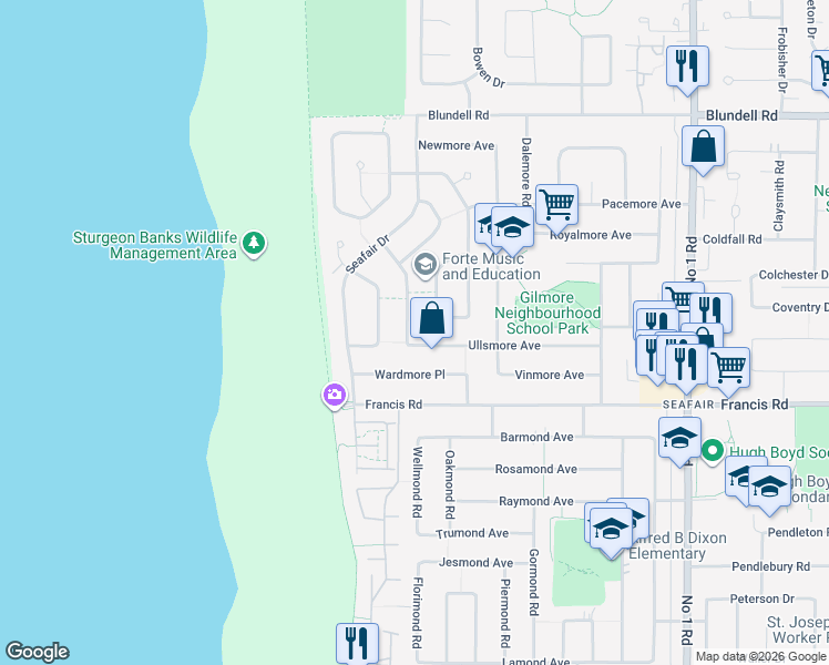 map of restaurants, bars, coffee shops, grocery stores, and more near 8600 Fairway Road in Richmond