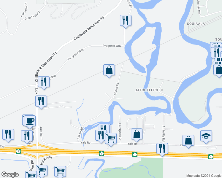 map of restaurants, bars, coffee shops, grocery stores, and more near 8155 Aitken Road in Chilliwack