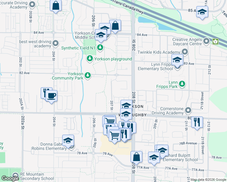 map of restaurants, bars, coffee shops, grocery stores, and more near in Langley Township