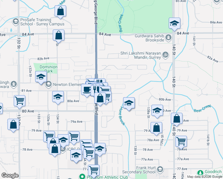 map of restaurants, bars, coffee shops, grocery stores, and more near 8130 136A Street in Surrey