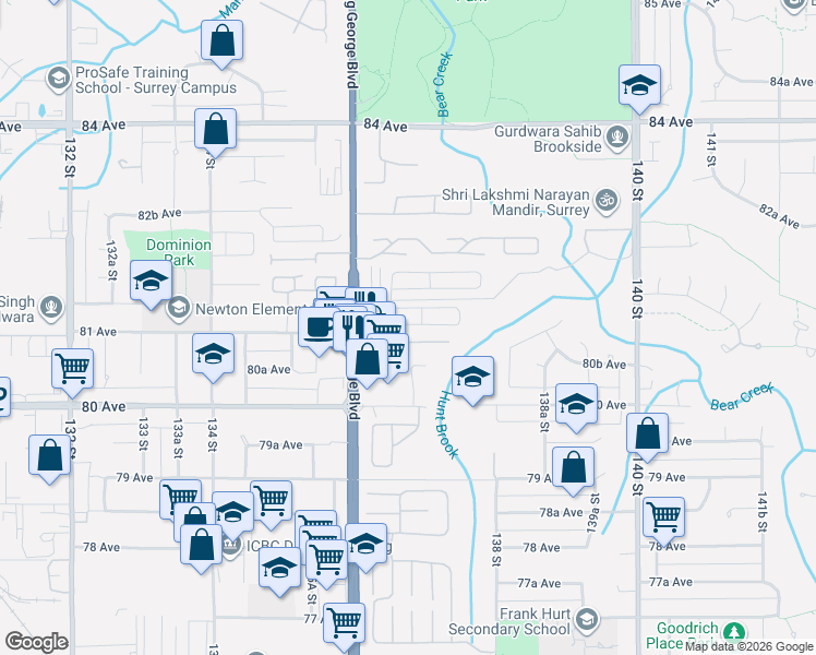 map of restaurants, bars, coffee shops, grocery stores, and more near in Surrey