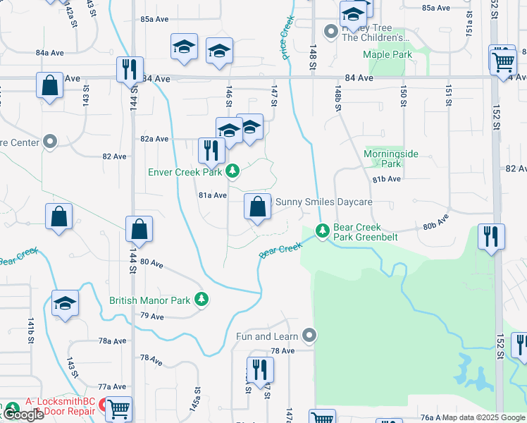 map of restaurants, bars, coffee shops, grocery stores, and more near 14690 81A Avenue in Surrey
