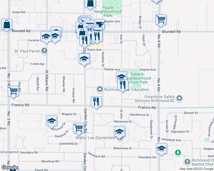 map of restaurants, bars, coffee shops, grocery stores, and more near 9271 Boyd Court in Richmond