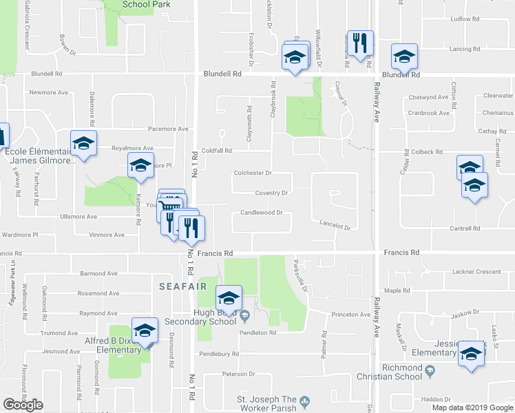 map of restaurants, bars, coffee shops, grocery stores, and more near 4271 Candlewood Drive in Richmond