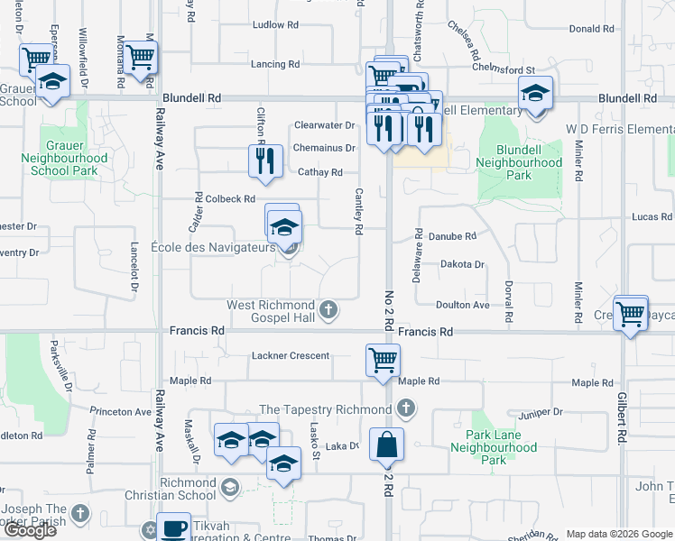 map of restaurants, bars, coffee shops, grocery stores, and more near 8620 Camden Crescent in Richmond