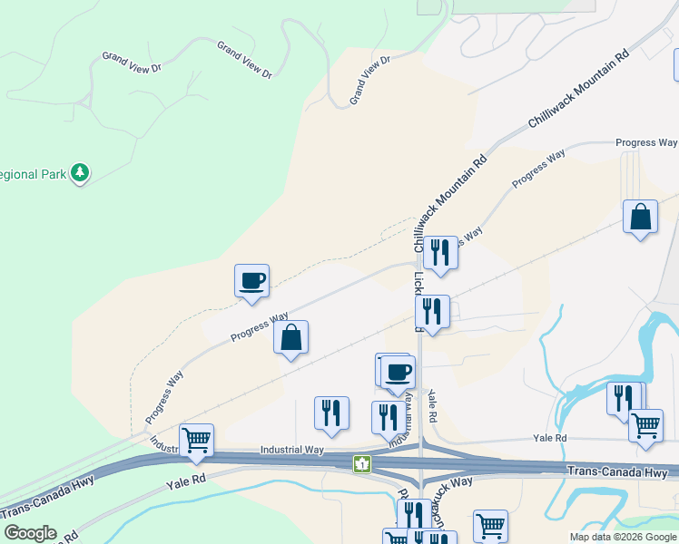 map of restaurants, bars, coffee shops, grocery stores, and more near 43923 Progress Way in Chilliwack