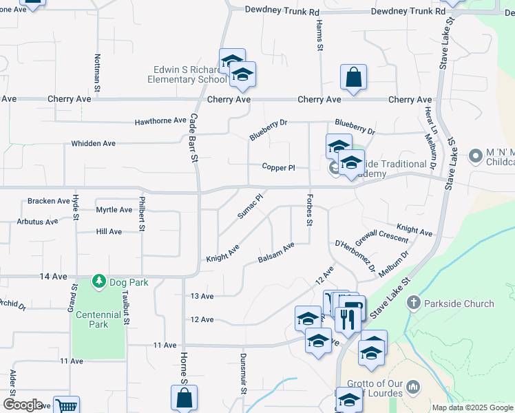 map of restaurants, bars, coffee shops, grocery stores, and more near 8164 Sumac Place in Mission