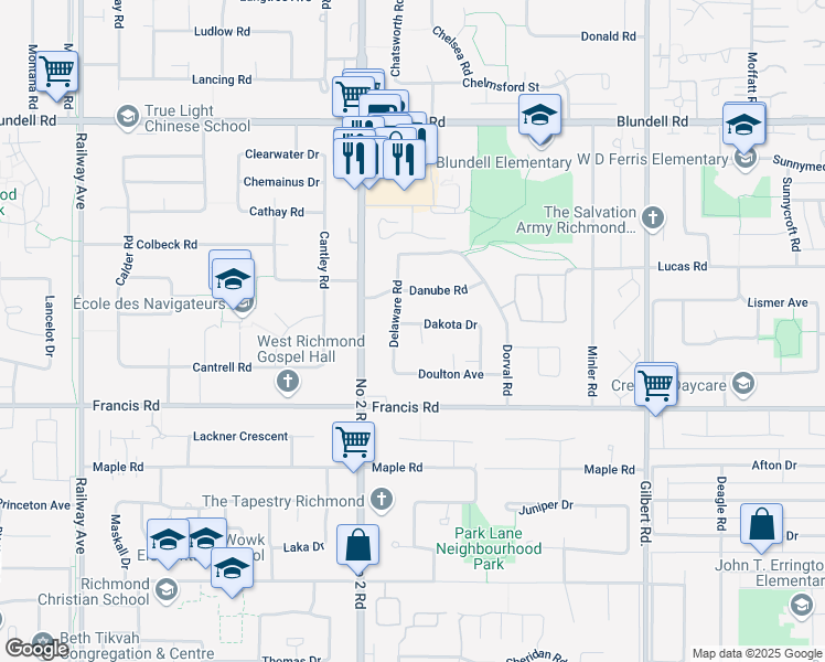 map of restaurants, bars, coffee shops, grocery stores, and more near 8551 Dakota Place in Richmond