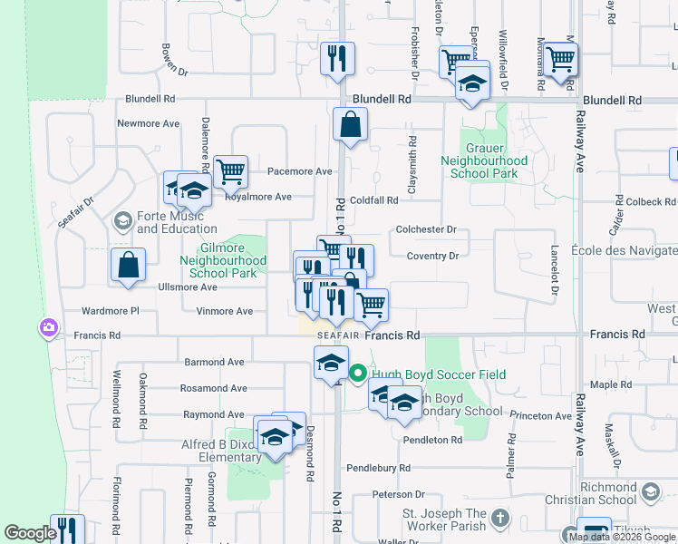 map of restaurants, bars, coffee shops, grocery stores, and more near Number 1 Road in Richmond