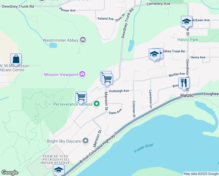 map of restaurants, bars, coffee shops, grocery stores, and more near 8160 Manson Street in Mission
