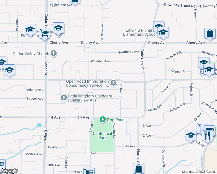map of restaurants, bars, coffee shops, grocery stores, and more near 33139 Myrtle Avenue in Mission