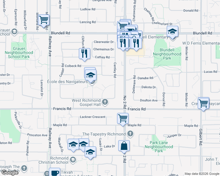 map of restaurants, bars, coffee shops, grocery stores, and more near 8580 Camden Crescent in Richmond