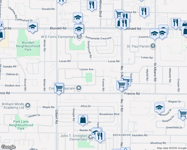 map of restaurants, bars, coffee shops, grocery stores, and more near 8771 Carmichael Street in Richmond