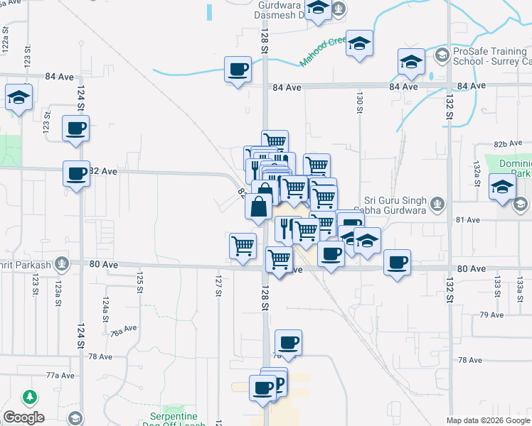 map of restaurants, bars, coffee shops, grocery stores, and more near 8139 128 Street in Surrey