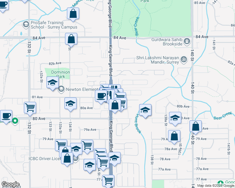 map of restaurants, bars, coffee shops, grocery stores, and more near 13636 81A Avenue in Surrey