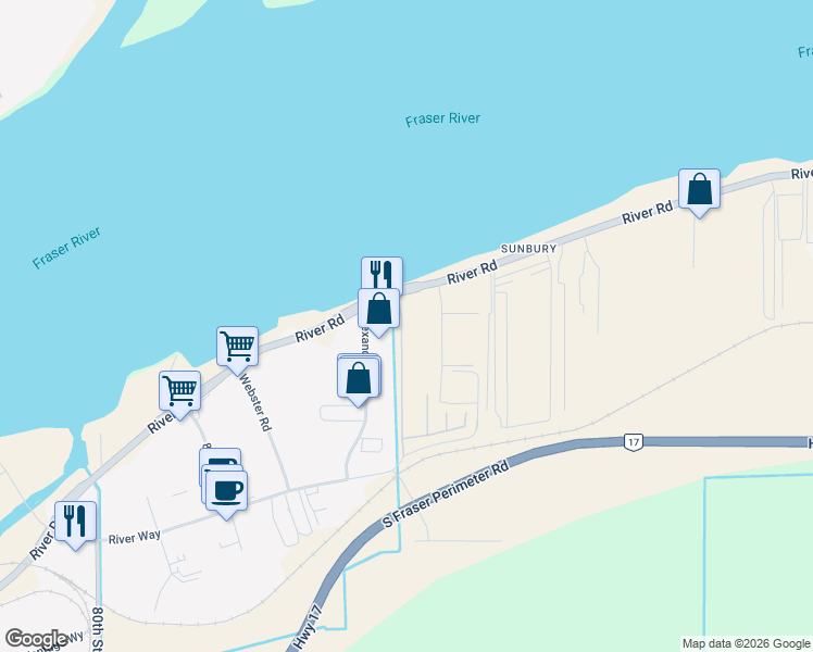 map of restaurants, bars, coffee shops, grocery stores, and more near 8538 River Road in Delta