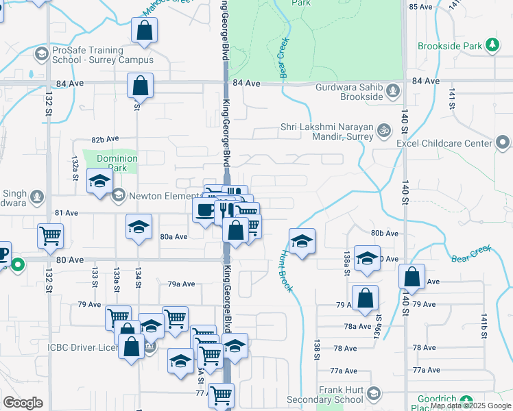 map of restaurants, bars, coffee shops, grocery stores, and more near in Surrey
