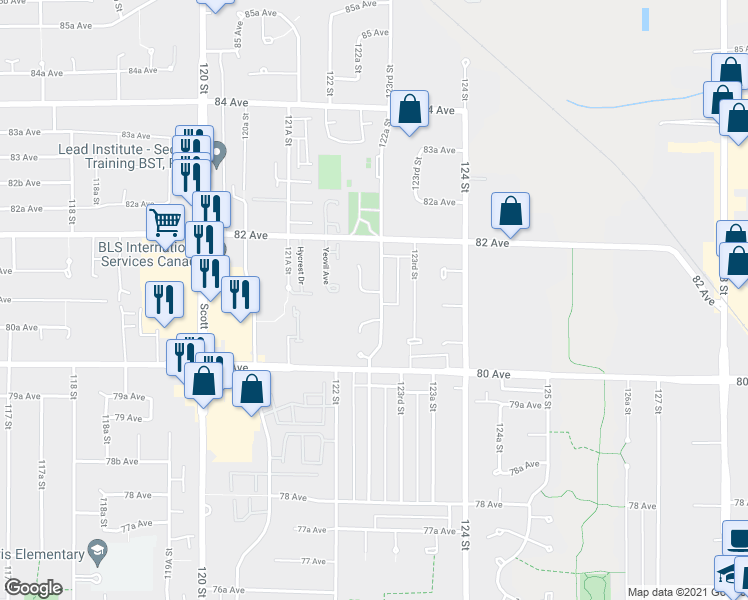 map of restaurants, bars, coffee shops, grocery stores, and more near 12262 81A Avenue in Surrey
