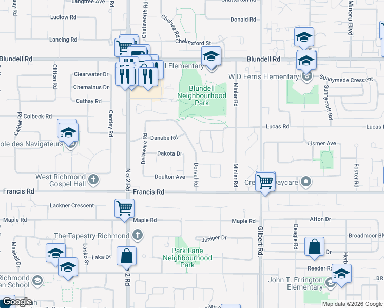 map of restaurants, bars, coffee shops, grocery stores, and more near 8591 Dorval Road in Richmond