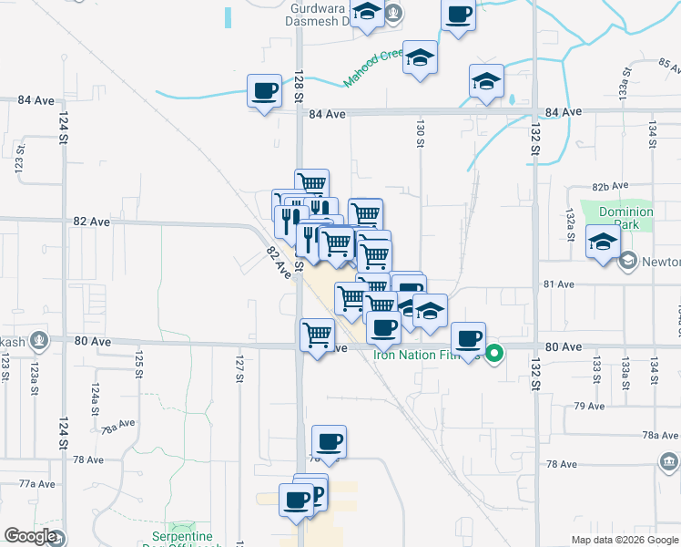 map of restaurants, bars, coffee shops, grocery stores, and more near 8120 128 Street in Surrey
