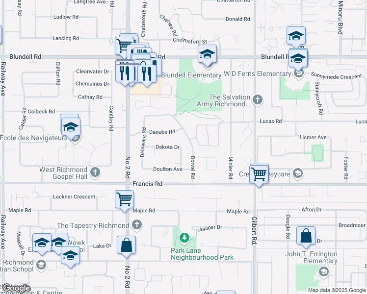 map of restaurants, bars, coffee shops, grocery stores, and more near 6431 Dakota Drive in Richmond
