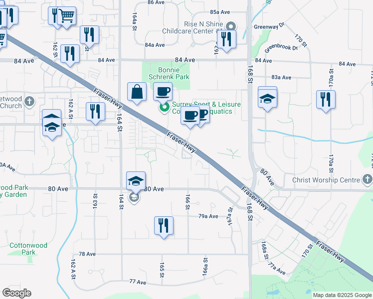 map of restaurants, bars, coffee shops, grocery stores, and more near 8158 166 Street in Surrey