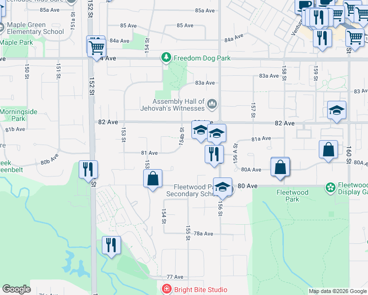 map of restaurants, bars, coffee shops, grocery stores, and more near 8120 154B Street in Surrey