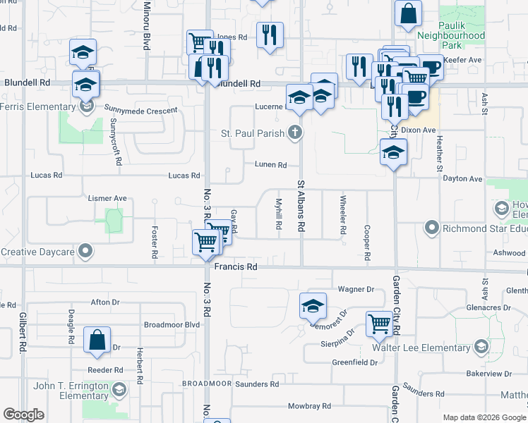 map of restaurants, bars, coffee shops, grocery stores, and more near in Richmond