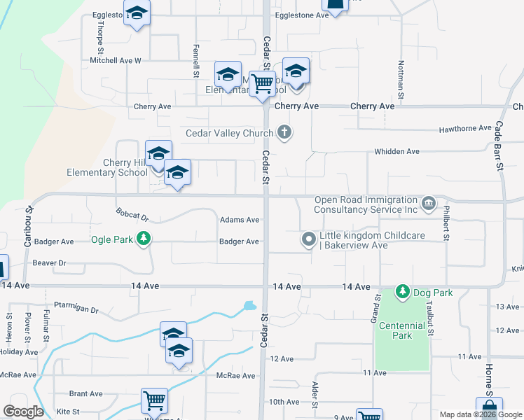 map of restaurants, bars, coffee shops, grocery stores, and more near 8167 Cedar Street in Mission