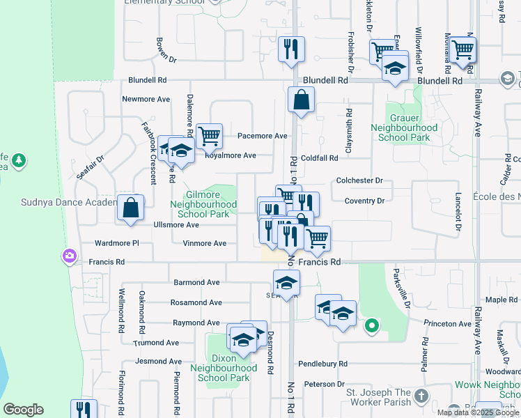 map of restaurants, bars, coffee shops, grocery stores, and more near 3871 Youngmore Road in Richmond