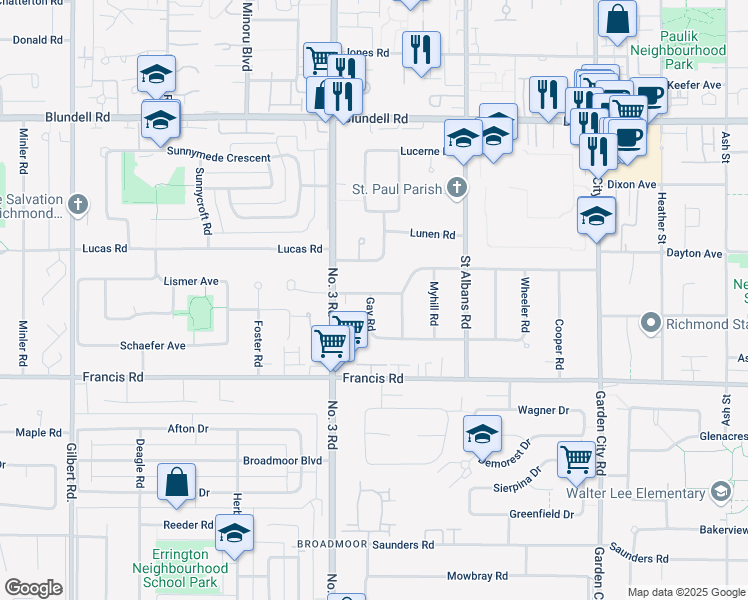 map of restaurants, bars, coffee shops, grocery stores, and more near 8760 Gay Road in Richmond