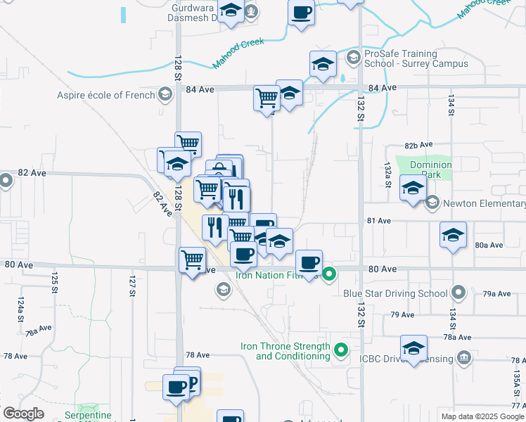 map of restaurants, bars, coffee shops, grocery stores, and more near 8145 130 Street in Surrey