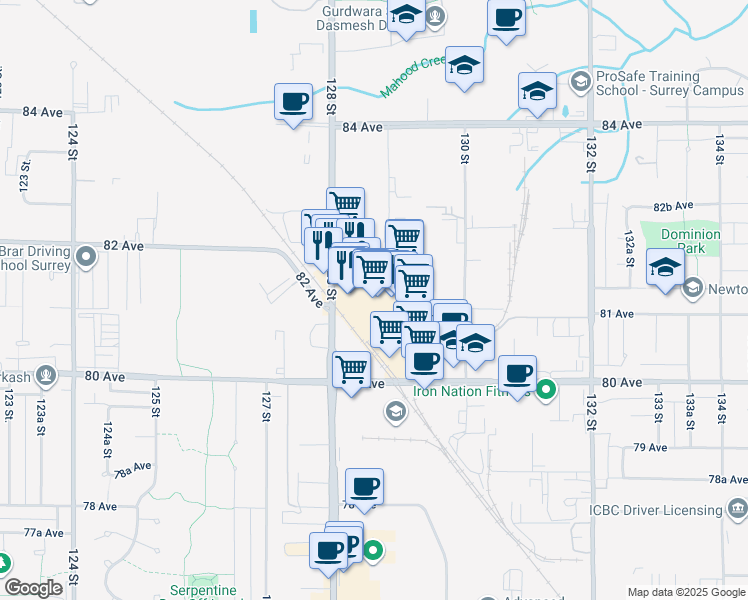 map of restaurants, bars, coffee shops, grocery stores, and more near 8138 128 Street in Surrey